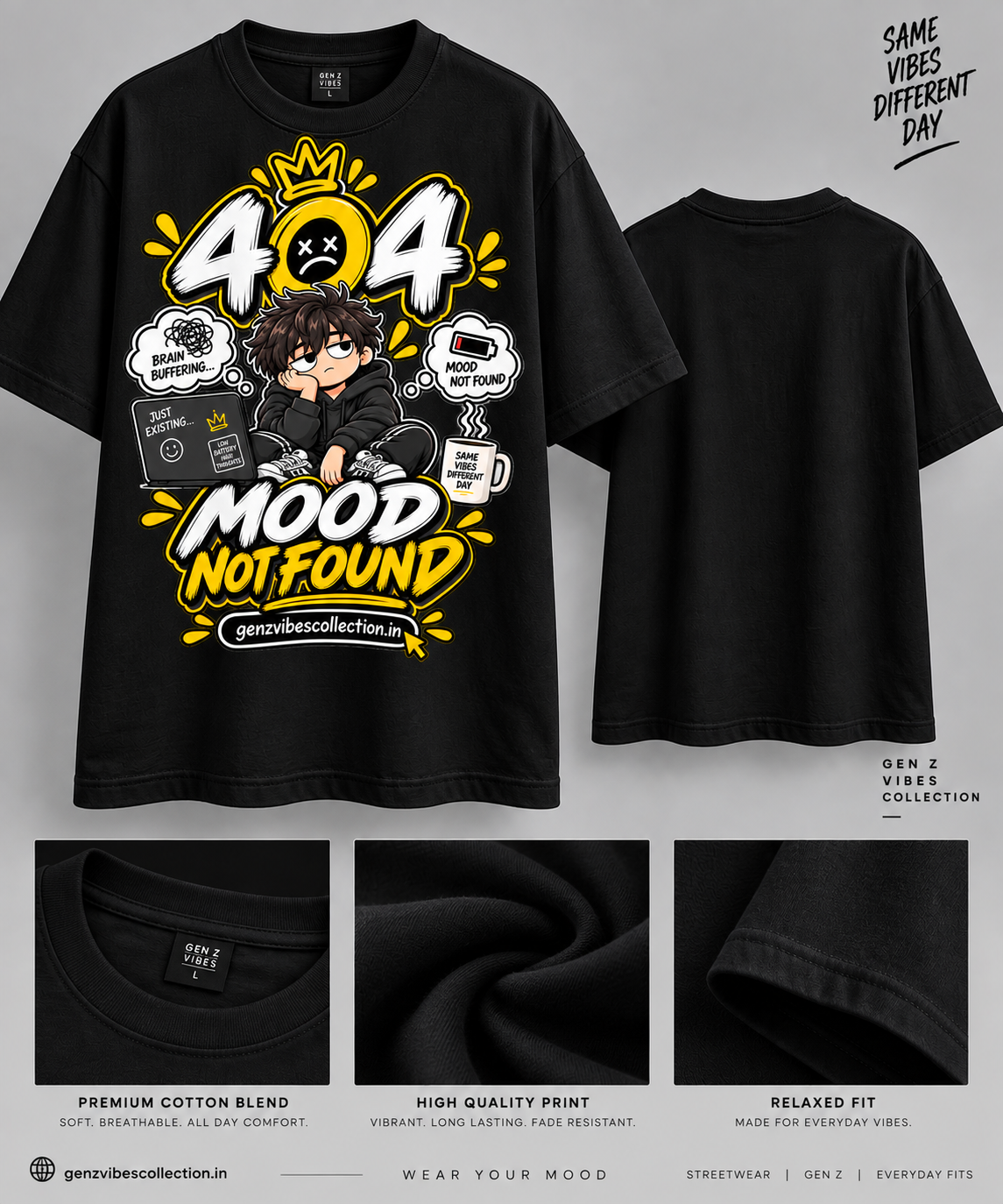 404 Mood Not Found T-Shirt | Funny Gen Z Graphic Oversized Streetwear Tee